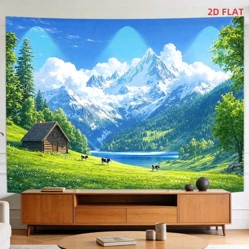 tapisserie murale paysage alpin chalet prairie lac animaux ciel moderne polyester chambre