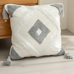 taies d'oreiller carrées 45x45cm moderne motifs géométriques blanc marron vert bleu beige tasseaux
