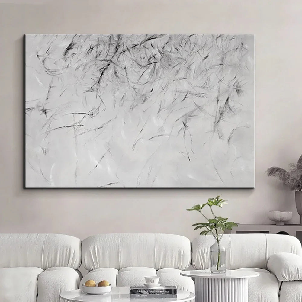 tableau abstrait moderne peinture toile blanche gris noir lignes horizontales sans cadre