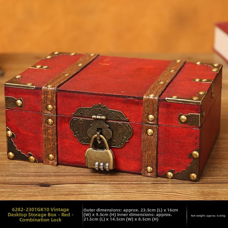 boîte rangement bois rouge marron vintage serrure code poignées métalliques cadenas accessoires photo decoration