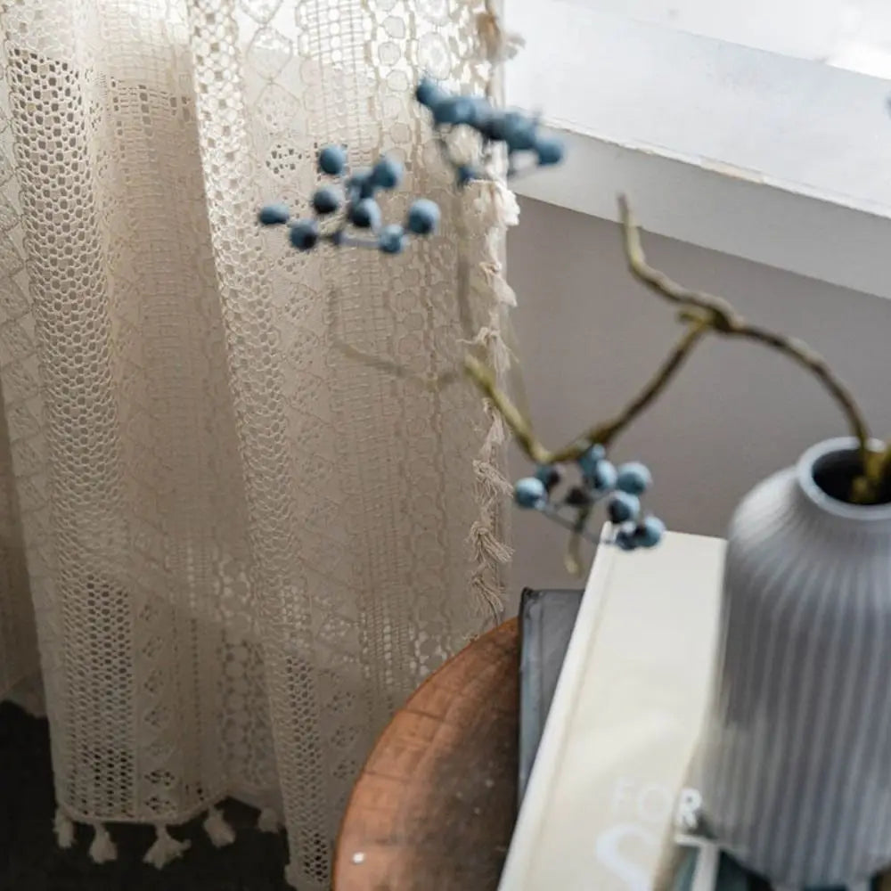 rideau boho chic coton beige clair dentelle semi transparent franges européennes