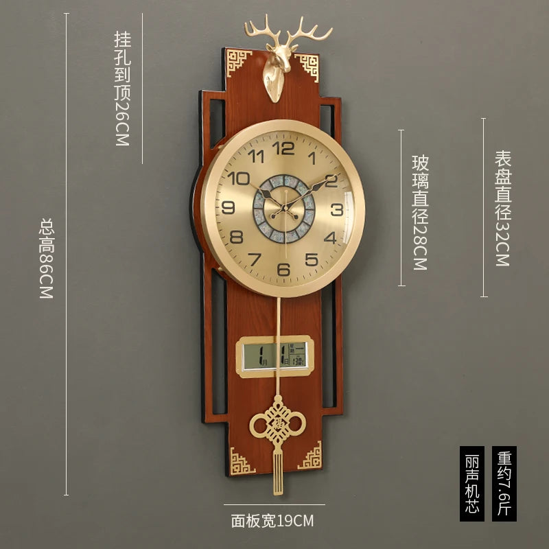horloge murale or marron motif géométrique asiatique cadran analogique LED figurine cerf métal doré