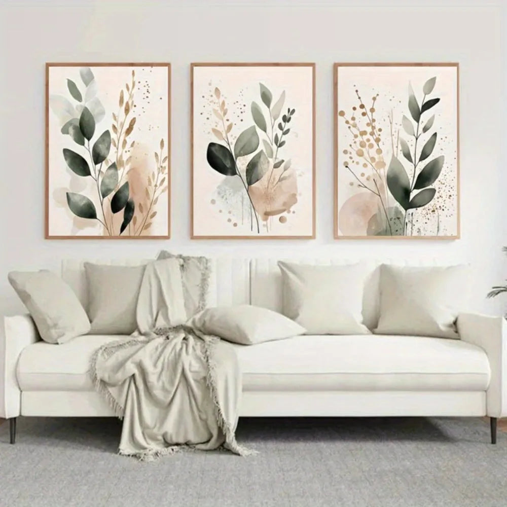 tableaux abstraits bohèmes feuilles vertes moderne minimaliste sans cadre vert beige marron doré blanc
