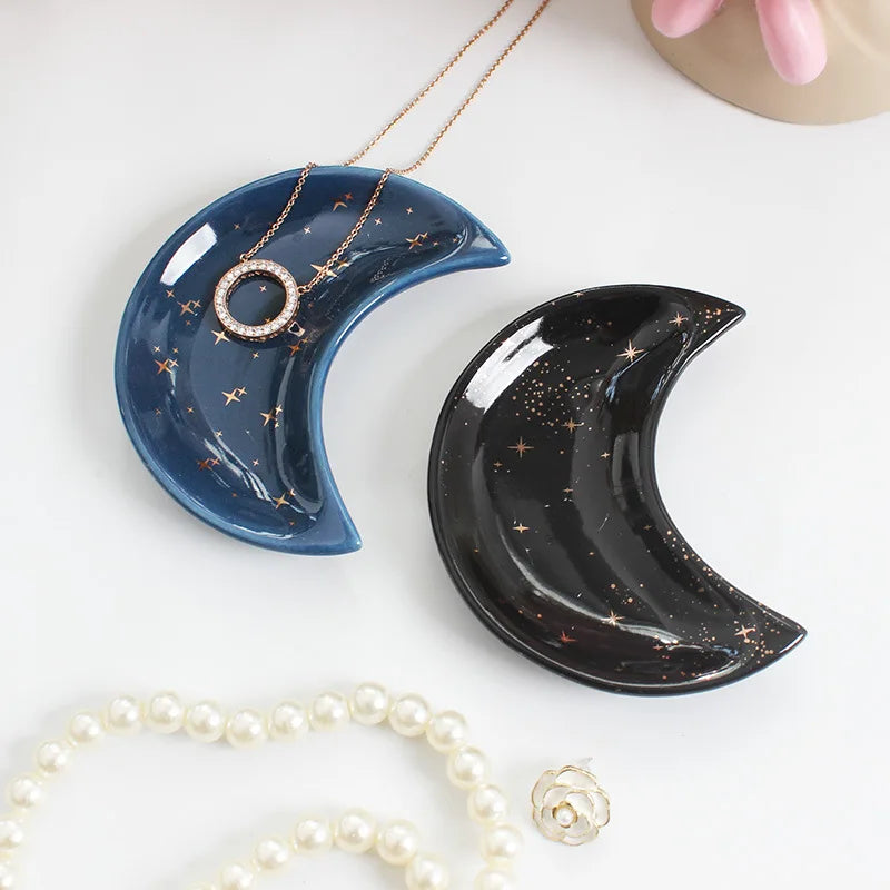 assiette lune étoiles dorées bleu nuit blanc moderne rangement bijoux colliers bagues echangement