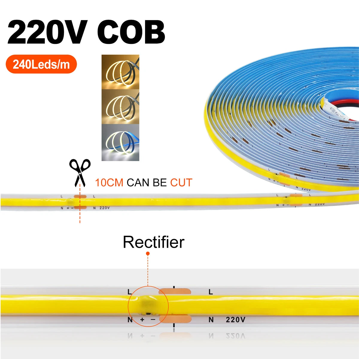 ruban led cob 240 led adhésif blanc chaud moderne 3000k 4000k 6000k 50000h