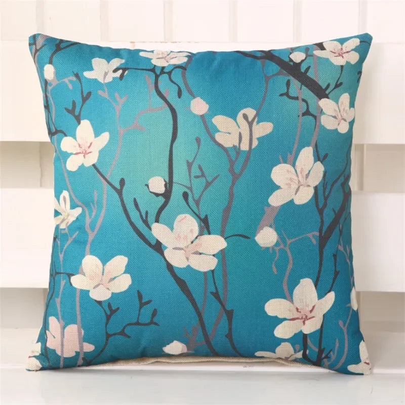 housse coussin carré fleurs vintage moderne coton lin décoration salon maison bleu blanc rose