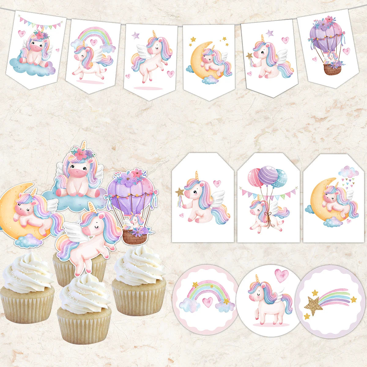 décoration fête licorne stickers autocollants toppers cupcakes bannières étiquettes colorées enfants illustrations