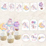 décoration fête licorne stickers autocollants toppers cupcakes bannières étiquettes colorées enfants illustrations