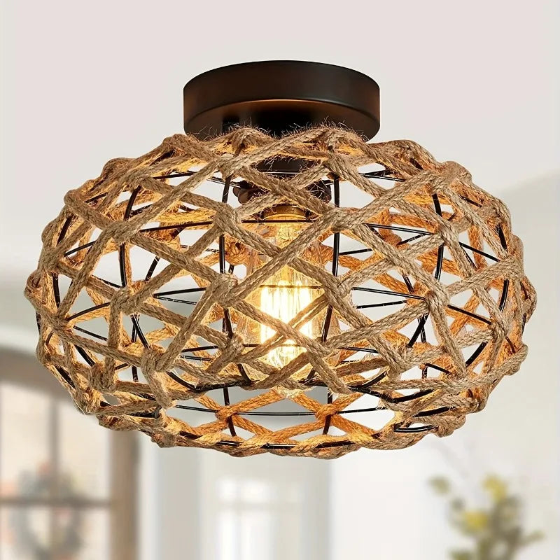 lampe suspendue marron clair tissage corde naturelle rustique boho chic sans ampoule