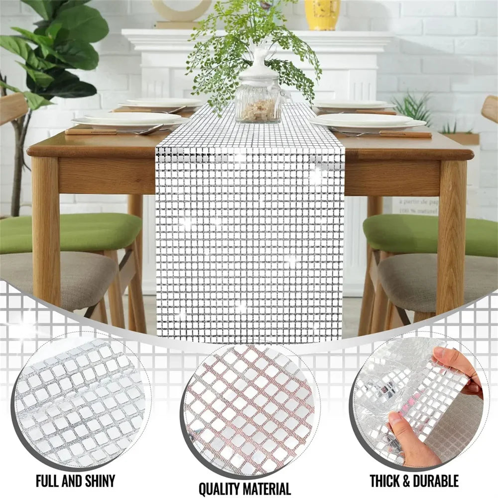 nappe deco festive paillette metallique transparente 120x33cm argentees motifs carres
