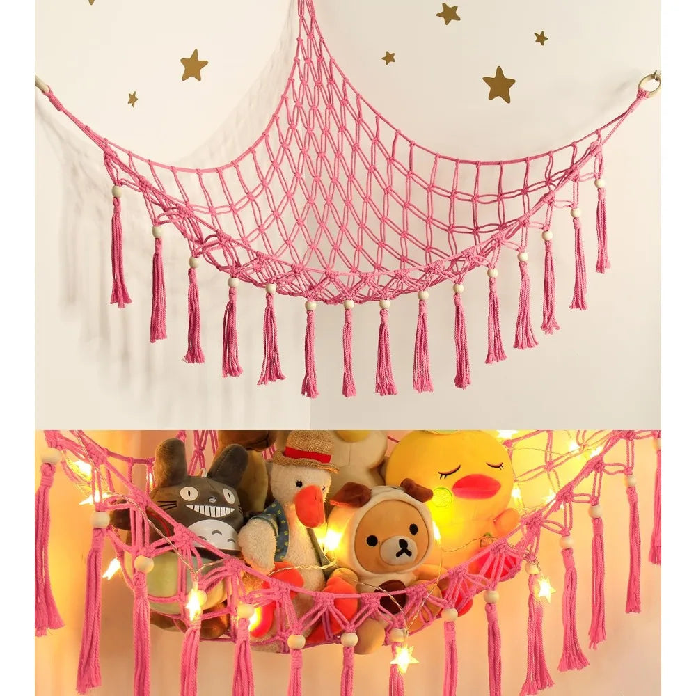 hamac suspendu boho rose blanc vert franges tissage moderne chambre enfants rangement jouets