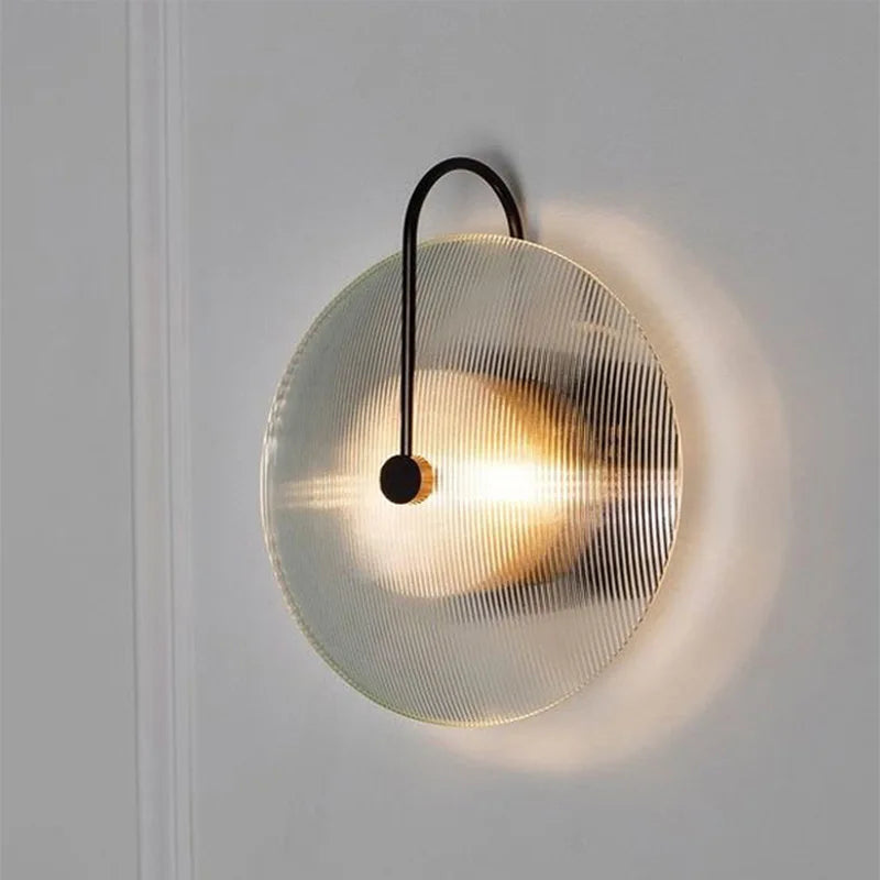 lampe murale led ronde verre moderne blanc doré transparent striée tringle