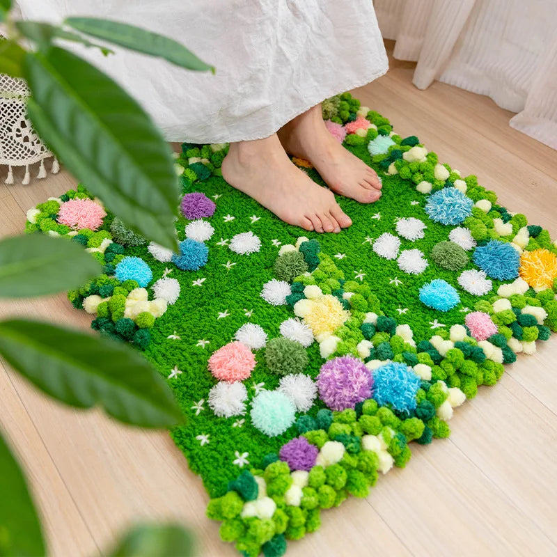 tapis décoratif tapisserie artisanale motif floral couleurs vives créatif tapis mousse boules laine