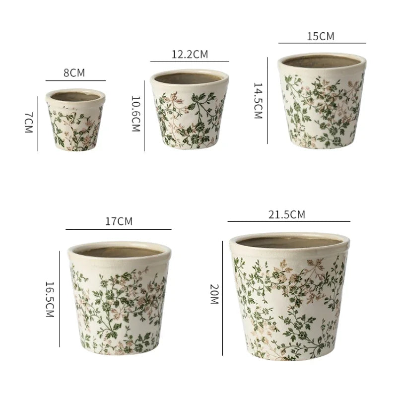 pots fleurs céramique porcelaine rustique vintage beige vert blanc floral
