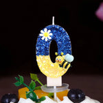 bougies anniversaire chiffres paillettes bleu jaune motifs fleurs décoratives enfants fixations boîte rangement