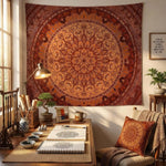 tapisserie bohème mandala motifs floraux marron orange beige douce chambre coucher