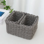 paniers tissés main gris blanc marron clair rustique opacité organisation maison decoration