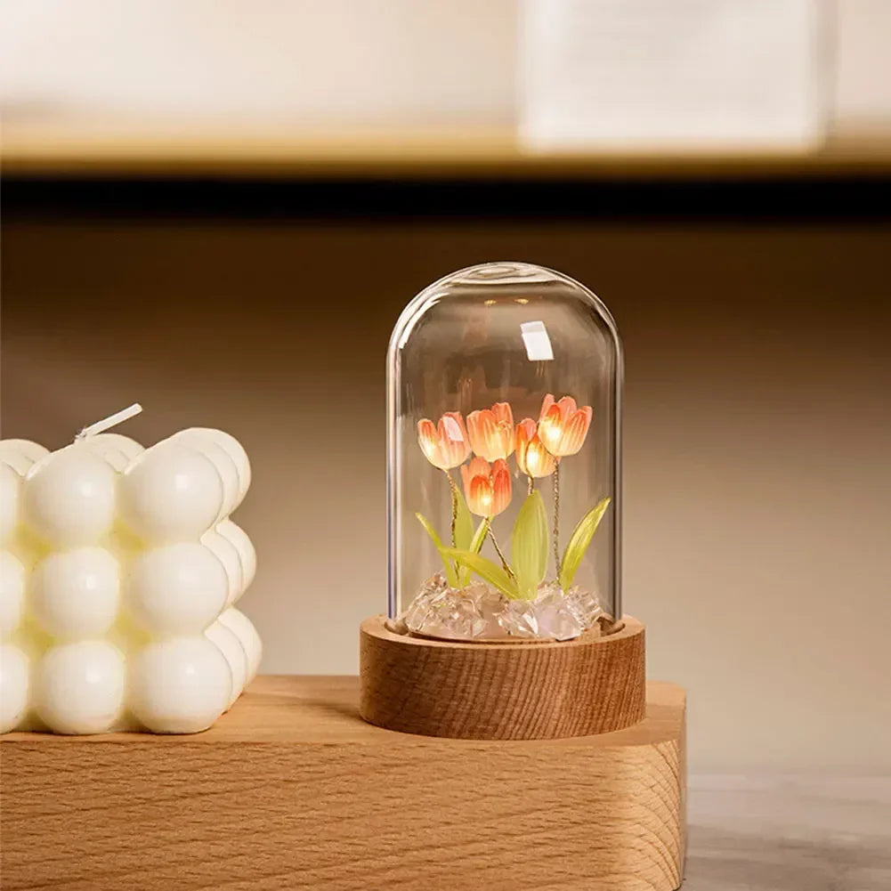 bouquet tulipes artificielles verre transparent tulipes roses blanches vertes feuilles modernes chambre décoration led