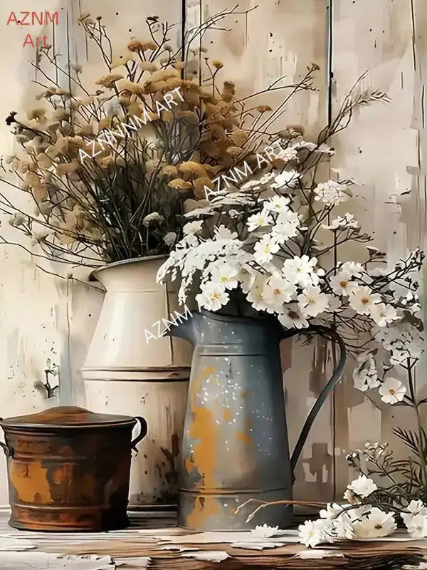 bouquet fleurs artificielles vase métal rustique décoration maison fleurs séchées vintage intérieur