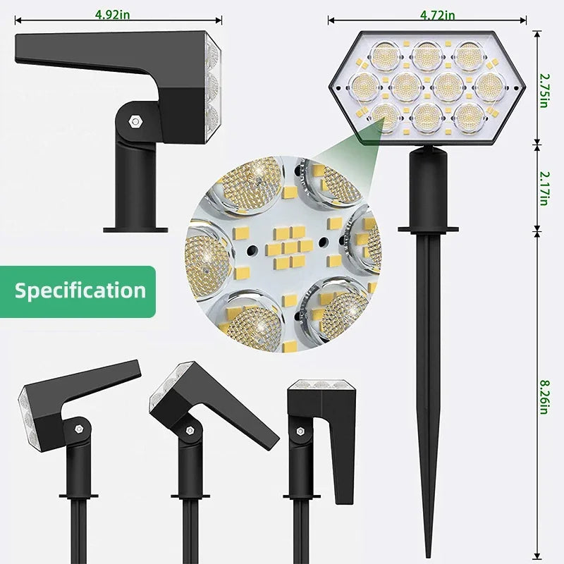 spot solaire 92 led imperméable ip67 éclairage extérieur jardin moderne hexagonal abs noir
