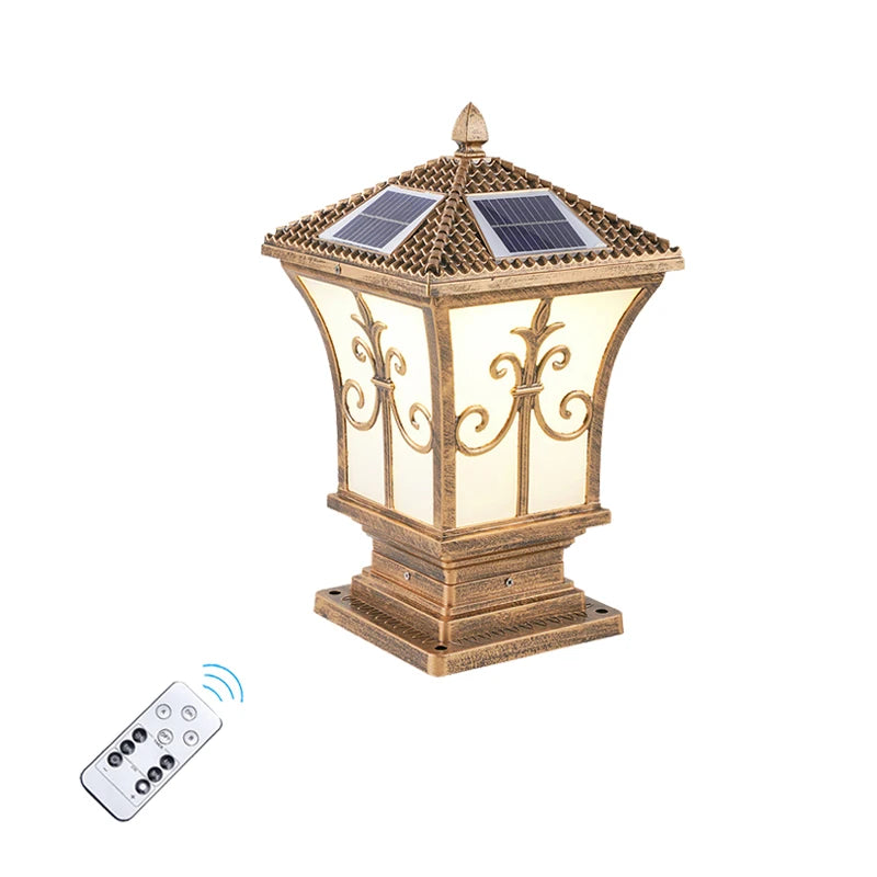 lampe solaire décorative classique dorée ornements floraux télécommande ip65 éclairage extérieur jardin aluminium