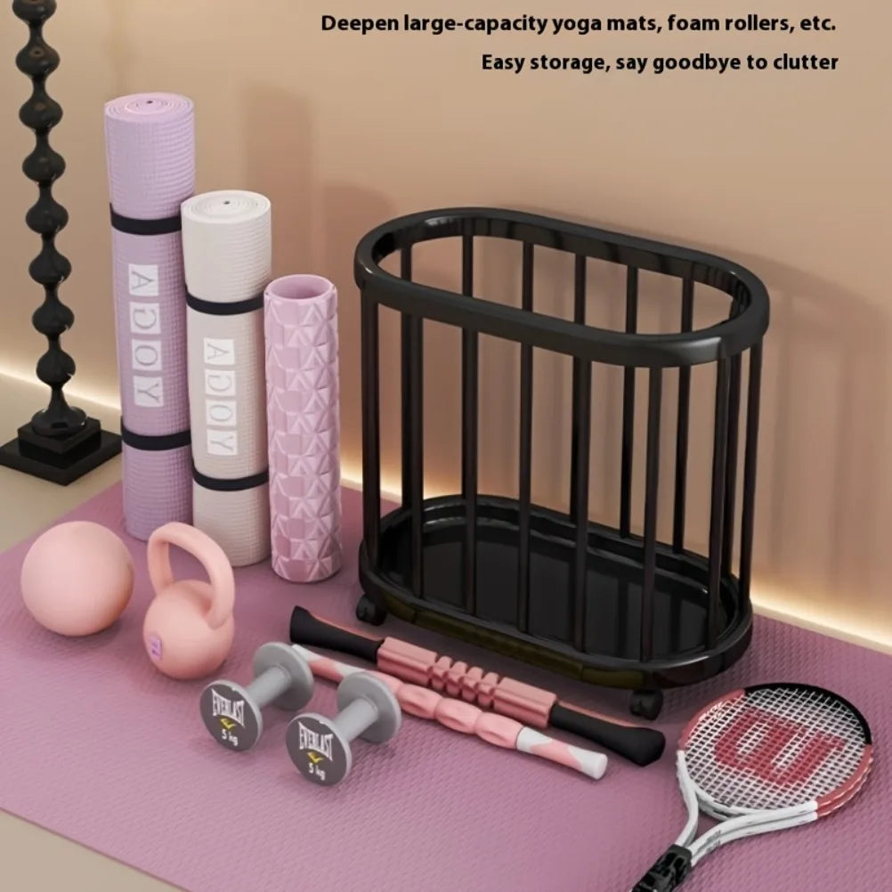 chariot rangement mobile tapis yoga haltères raquette tennis jouets vestes minimalistes