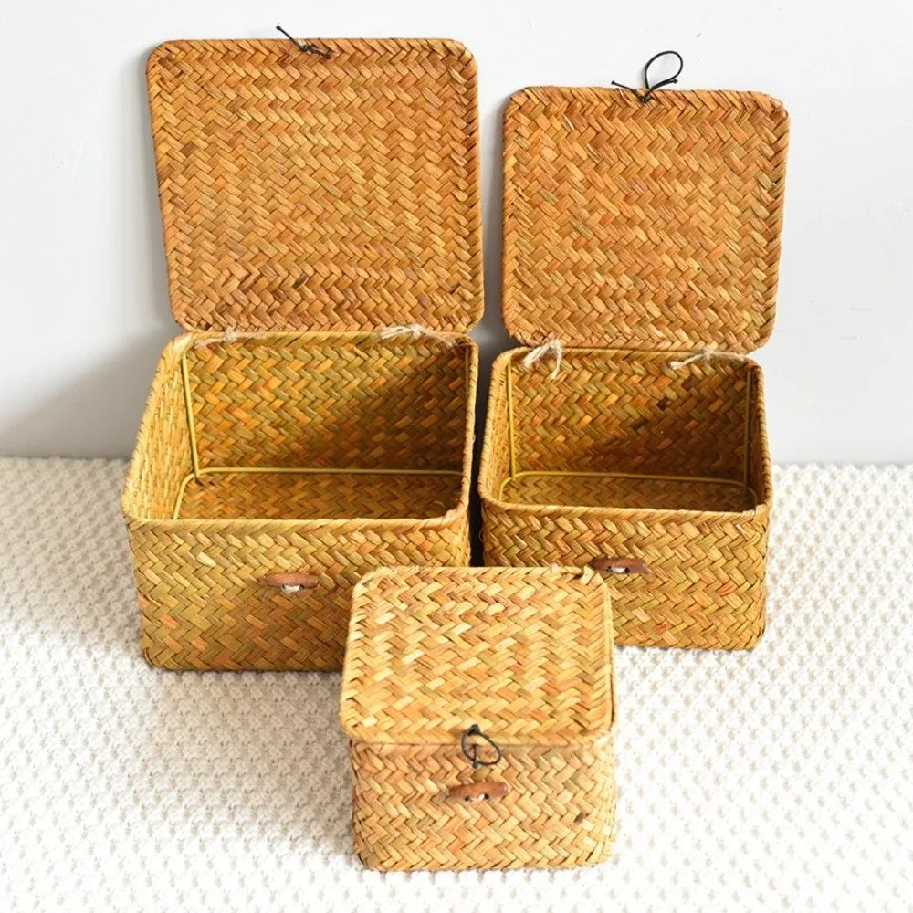 boîtes rangement marron clair tissage paille réutilisables respectueux environnement traditionnel cordon fermeture