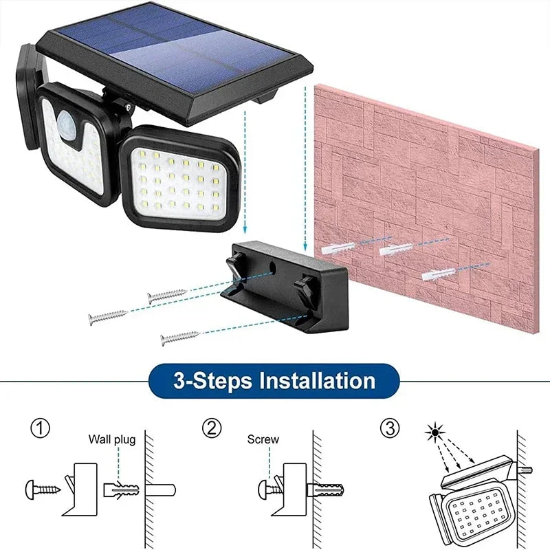 lampes solaires extérieures détecteur mouvement trois têtes noires modernes vis murales instructions
