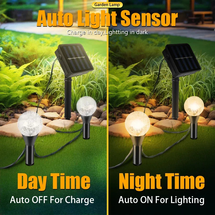 guirlande solaire led jardin 20 lampes modes éclairage ip65 moderne globes verre transparent piquets