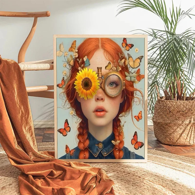tableau toile art fleurs papillons lunettes moderne décoration mur salon cadre bois