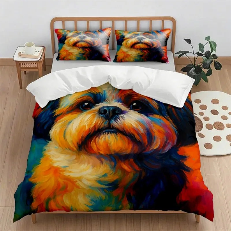 Un magnifique chien aux couleurs vives et éclatantes, au regard profond et expressif, ornant l'élégante parure de lit.