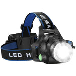 lampe frontale led noir bleu ajustable bandeau élastique zoom indicateur charge usb modes éclairage