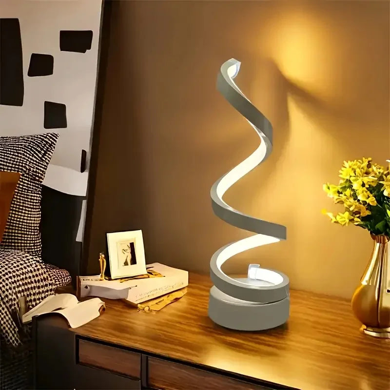 lampe table spirale blanche moderne veilleuse aluminium base plate trois couleurs réglable flux lumineux