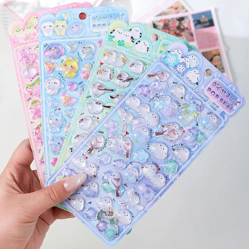 stickers pop seal oiseaux floraux nuages kawaii brillants adhésifs décoratifs enfants rose vert bleu