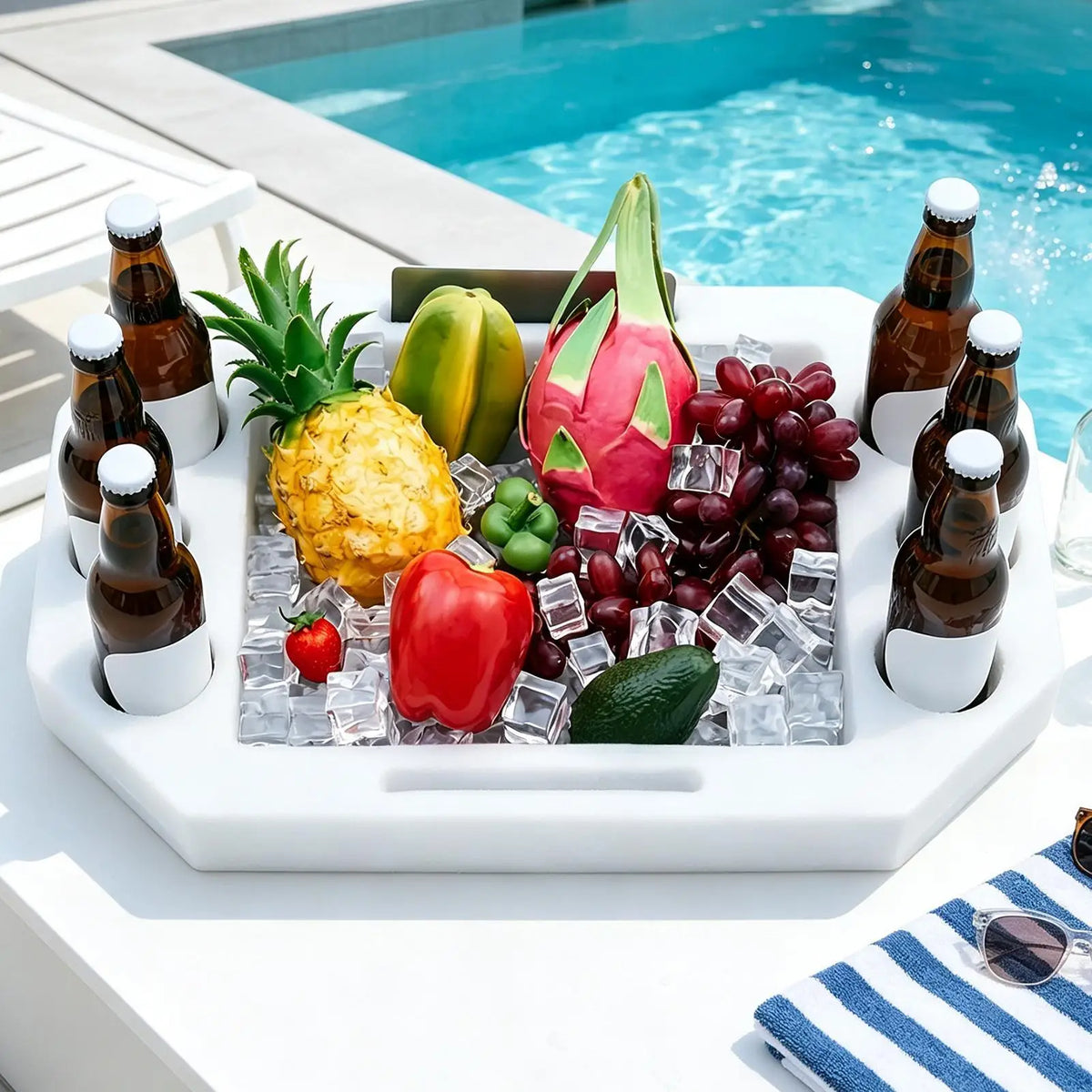 plateau flottant blanc moderne usage piscine plage boissons verres téléphones cocktails
