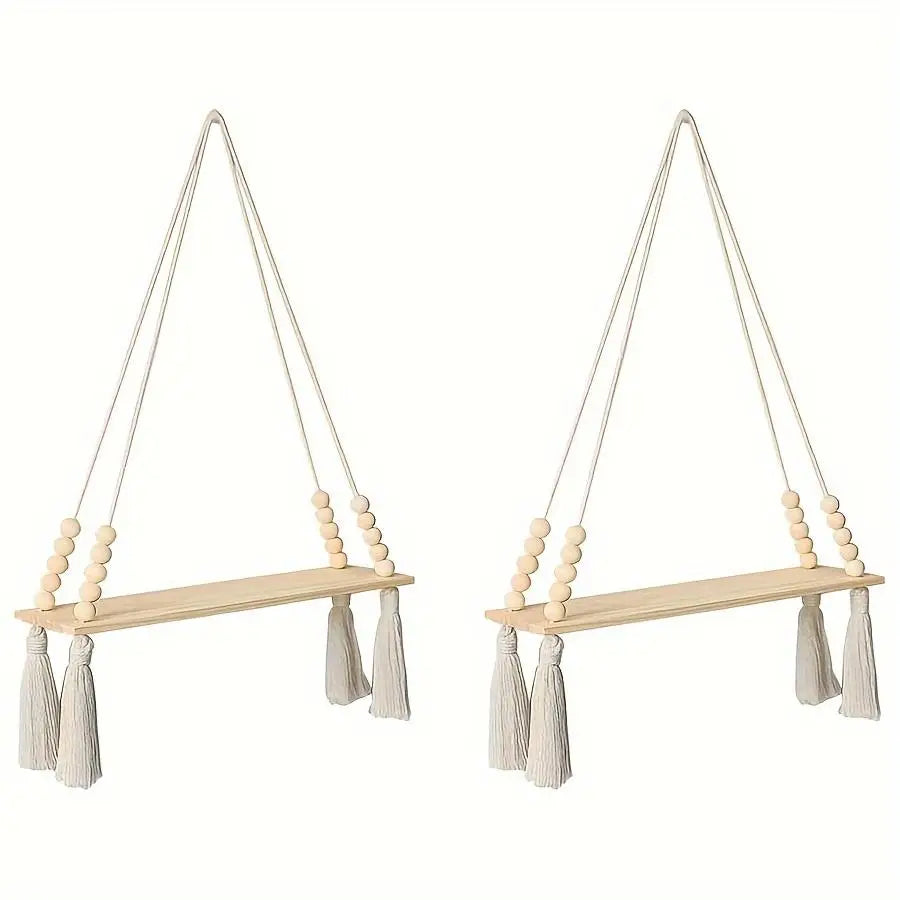 étagère suspendue bois naturel bois franges blanches boho chic fixée mur plantes décointérieurextérieur