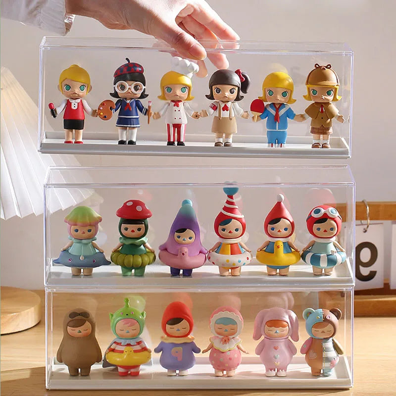 boîtes rangement transparentes figurines collection multicolores personnages stylisés adhésif anti chutes modernes ludiques empilables