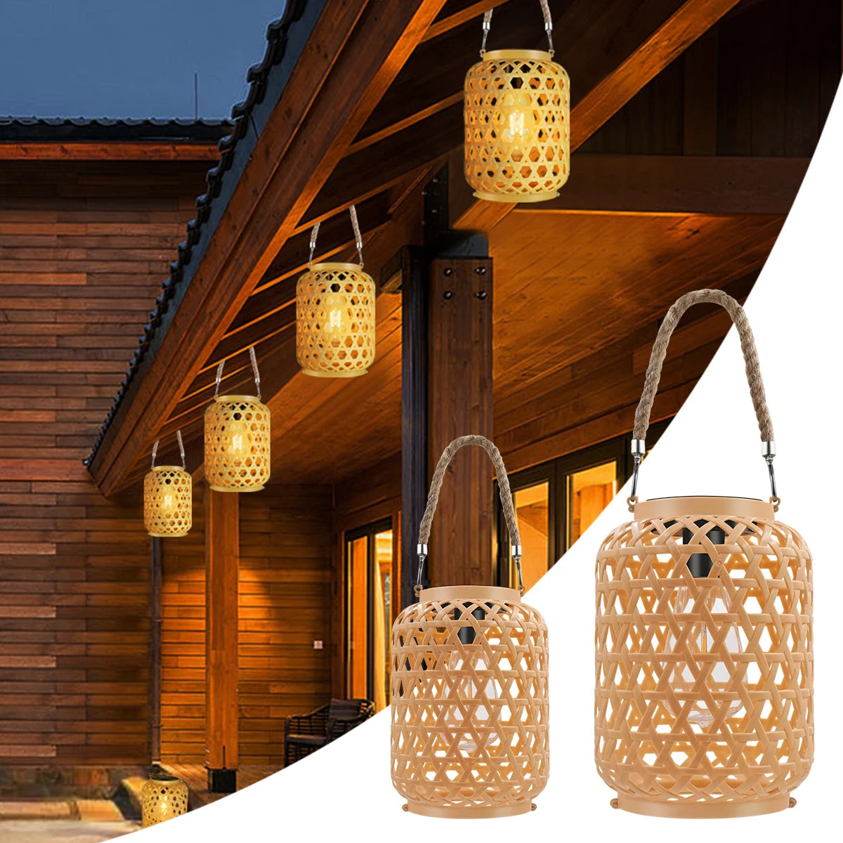 lanterne solaire suspendue bohème tressée rustique lumière jaune orangé deco extérieure