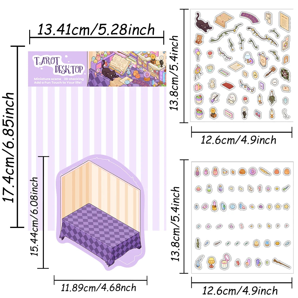 scène tarot miniature autocollants cartes tarot illustration cartoon animaux objets decoratifs violet beige rose