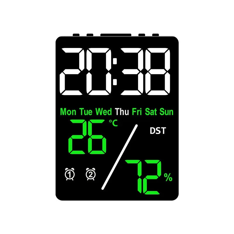 horloge numérique moderne affichage heure jour température humidité alarme rechargeable noir blancécran led