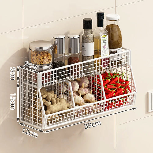 panier mural noir blanc maille métallique moderne clips légumes épices cuisine multifonctionnel