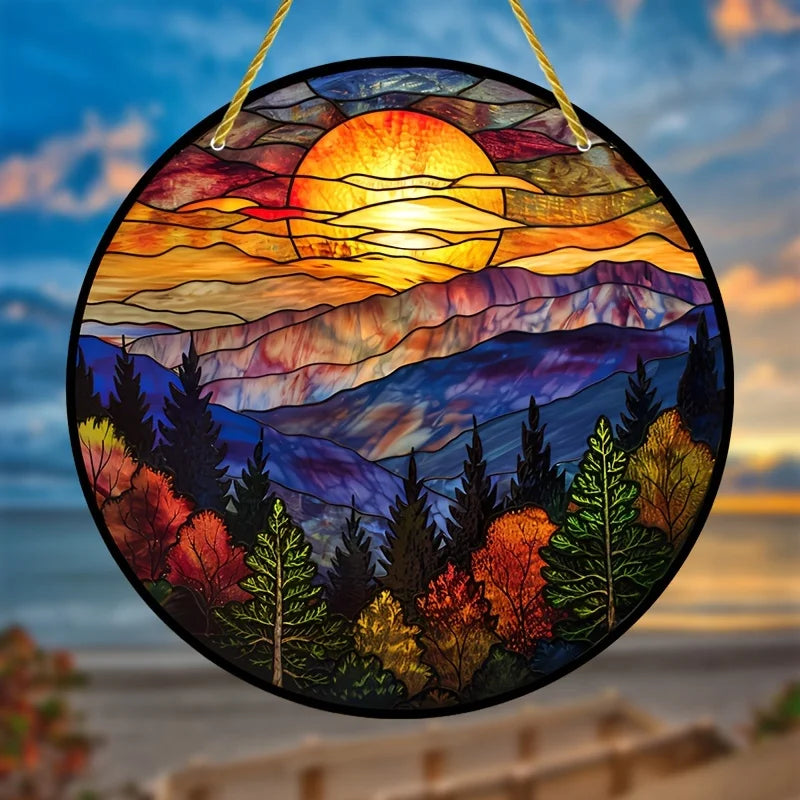 vitrail floral opaque art nouveau oiseaux chaîne métallique suspension fenêtre 20x20cm