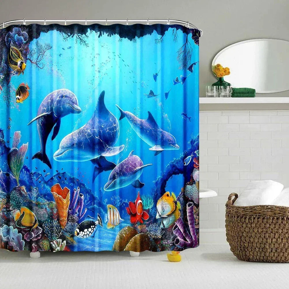 rideau douche sous marin dauphins poissons coraux moderne bleu vert rouge violet respectueux environnement