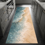 tapis long plage bleu beige motifs vagues sable coquillages moderne 40x120cm