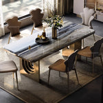 table manger moderne rectangulaire plateau marbre bois pieds métal salon cuisine gris