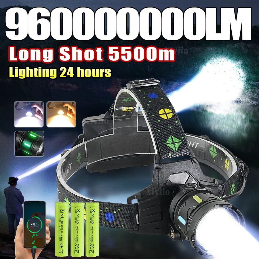 lampe frontale led rechargeable camping pêche chasse bande élastique zoom modes lumière