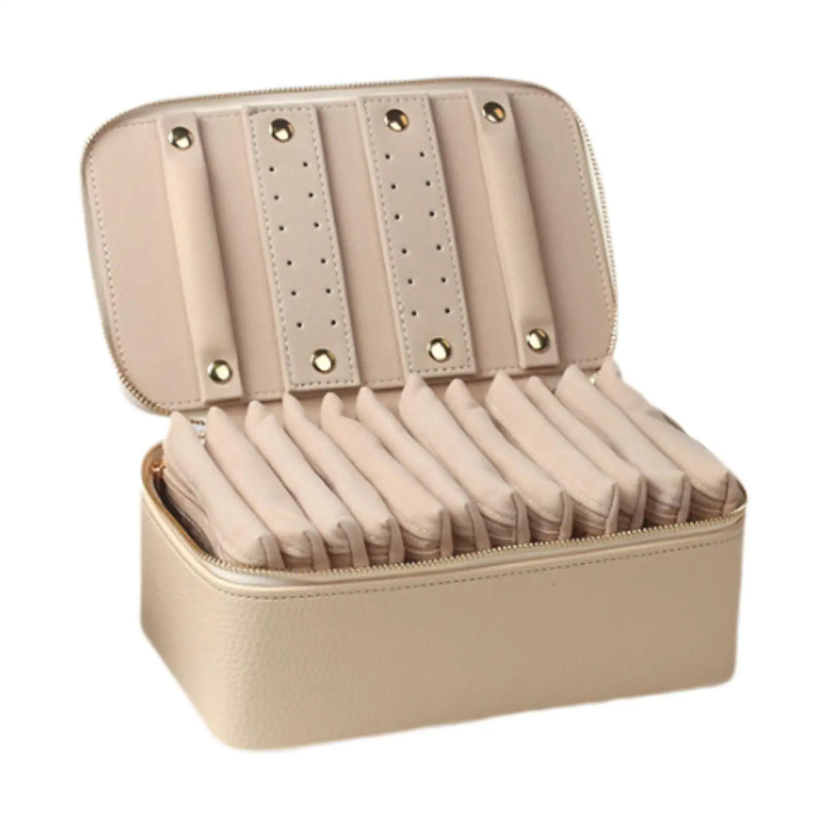 boîte bijoux simili cuir perforations moderne pratique beige rose marron vert fermeture glissière plaquettes