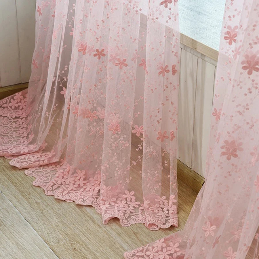 rideau brodé fleurs rose blanc translucide pastoral chambre salonhôtel