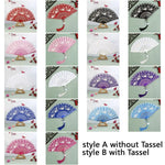 éventail pliant traditionnel violet blanc fleurs brodées clips métalliques pompon élégant décoration danse hand