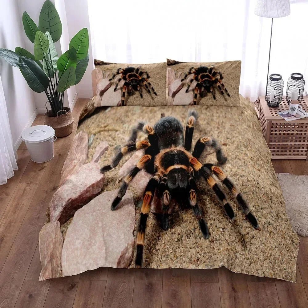 Détail impression 3D araignée sur housse de couette marron